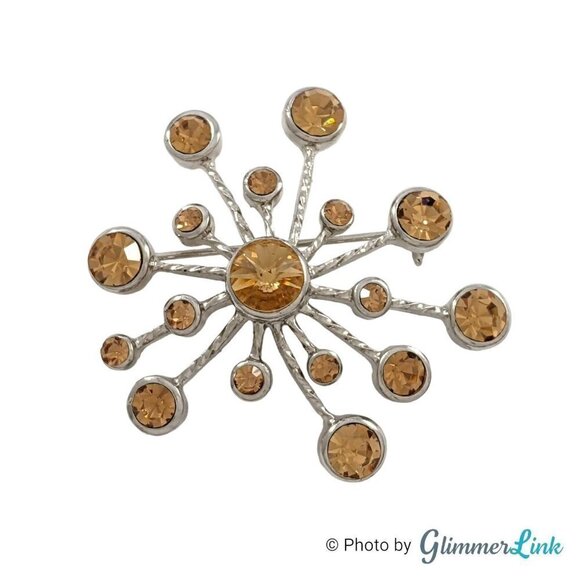 Starburst Sunburst Orange Rhinestone Silver Tone Brooch Pin - Picture 2 of 5